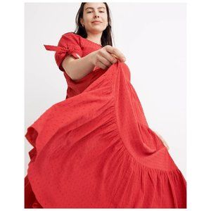 Madewell Tie Sleeve Tiered Midi Dress Swiss Dot Red Size XXL
